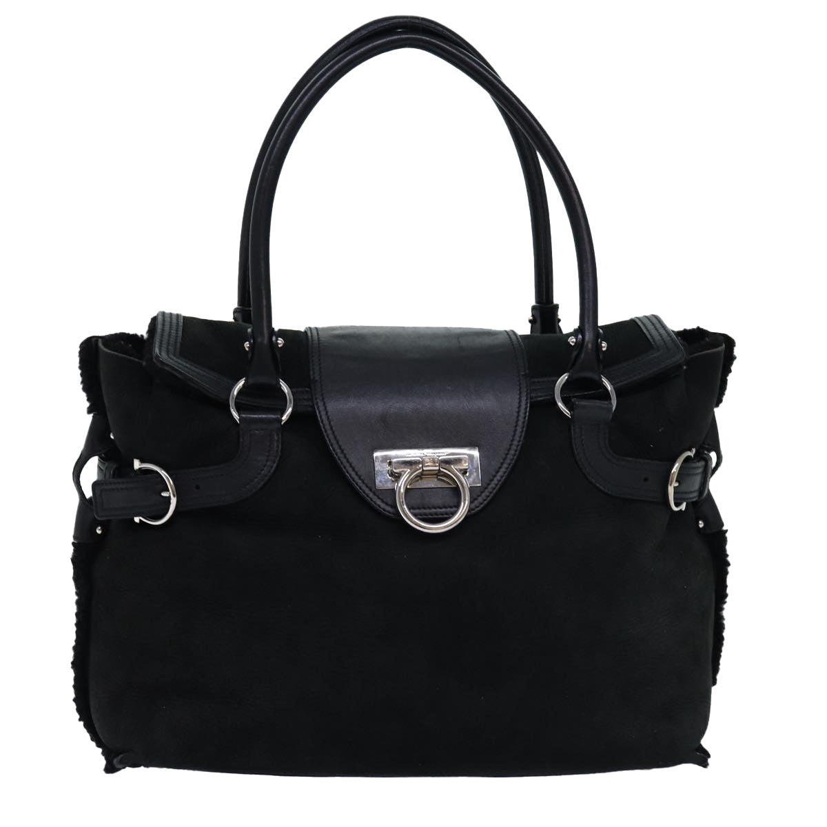 Salvatore Ferragamo Gancini Hand Bag Suede Black Auth 77038