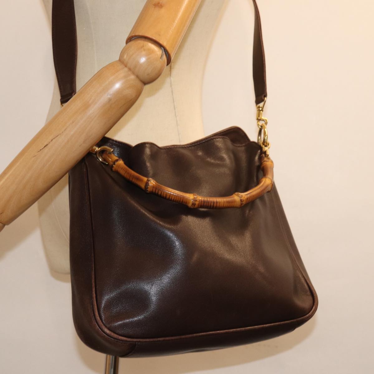 GUCCI Bamboo Shoulder Bag Leather 2way Brown 001 2058 1638 0 Auth 77089