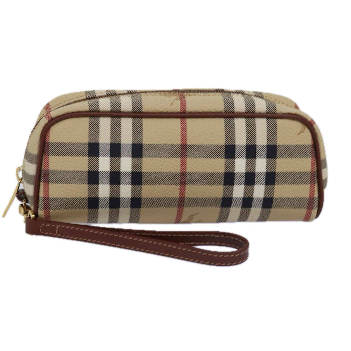 BURBERRY Nova Check Pouch PVC Leather Beige Auth 77206