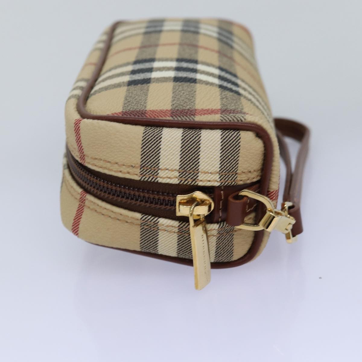 BURBERRY Nova Check Pouch PVC Leather Beige Auth 77206