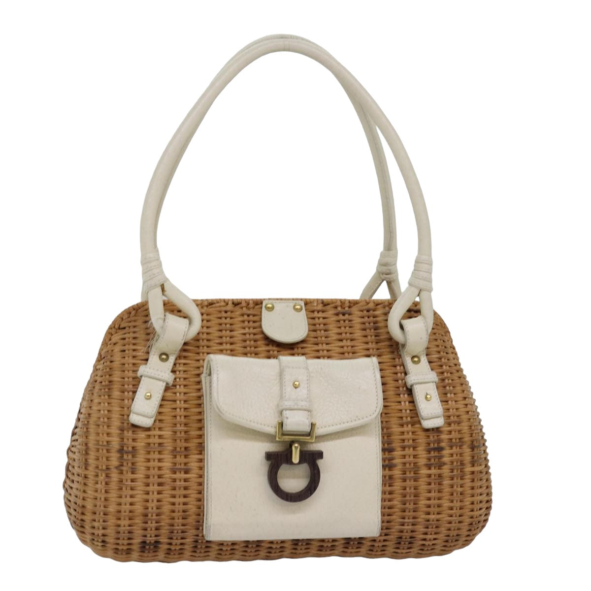 Salvatore Ferragamo Wicker Hand Bag Wood Beige Auth 77225