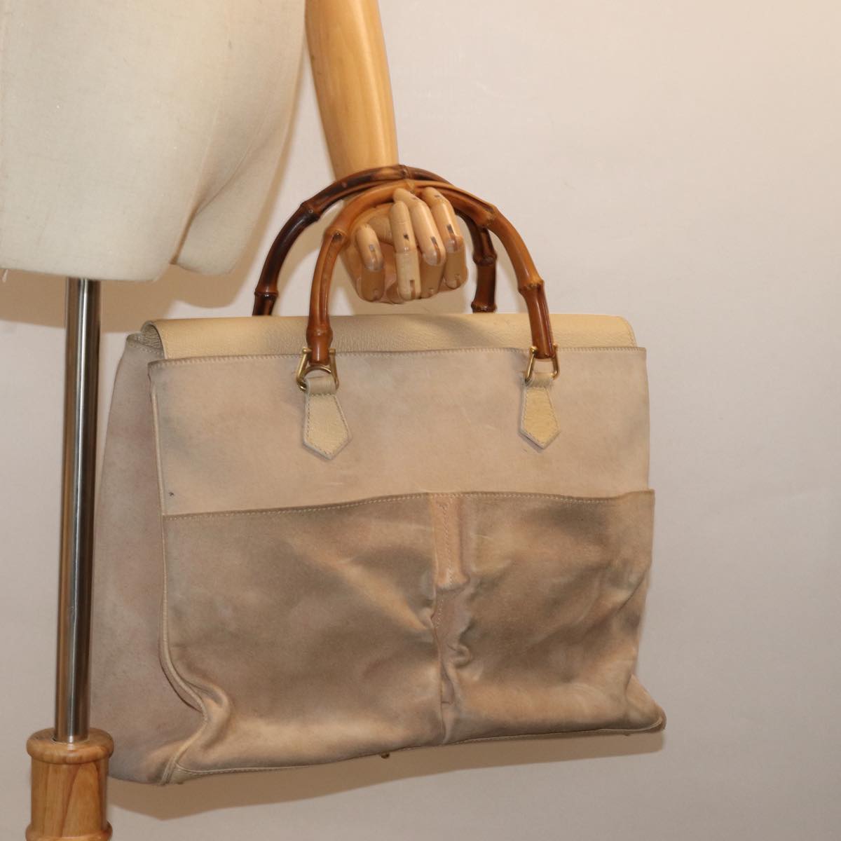 GUCCI Bamboo Tote Bag Suede 2way Beige 002 2855 0322 0 Auth 77226