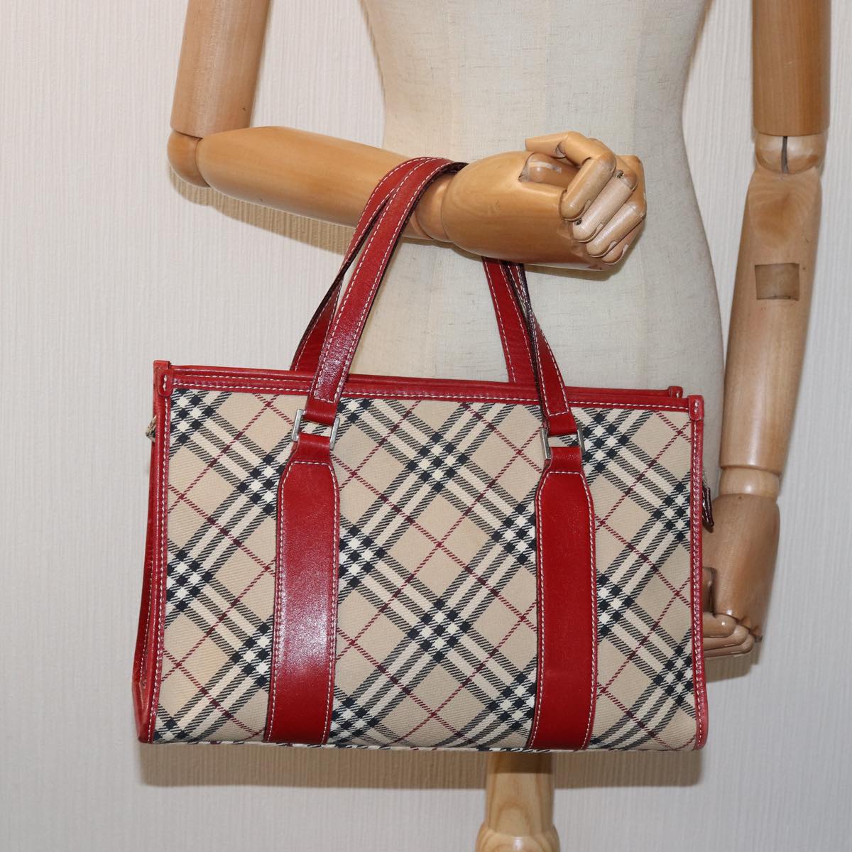 BURBERRY Nova Check Blue Label Hand Bag Canvas Beige Red Auth 77380