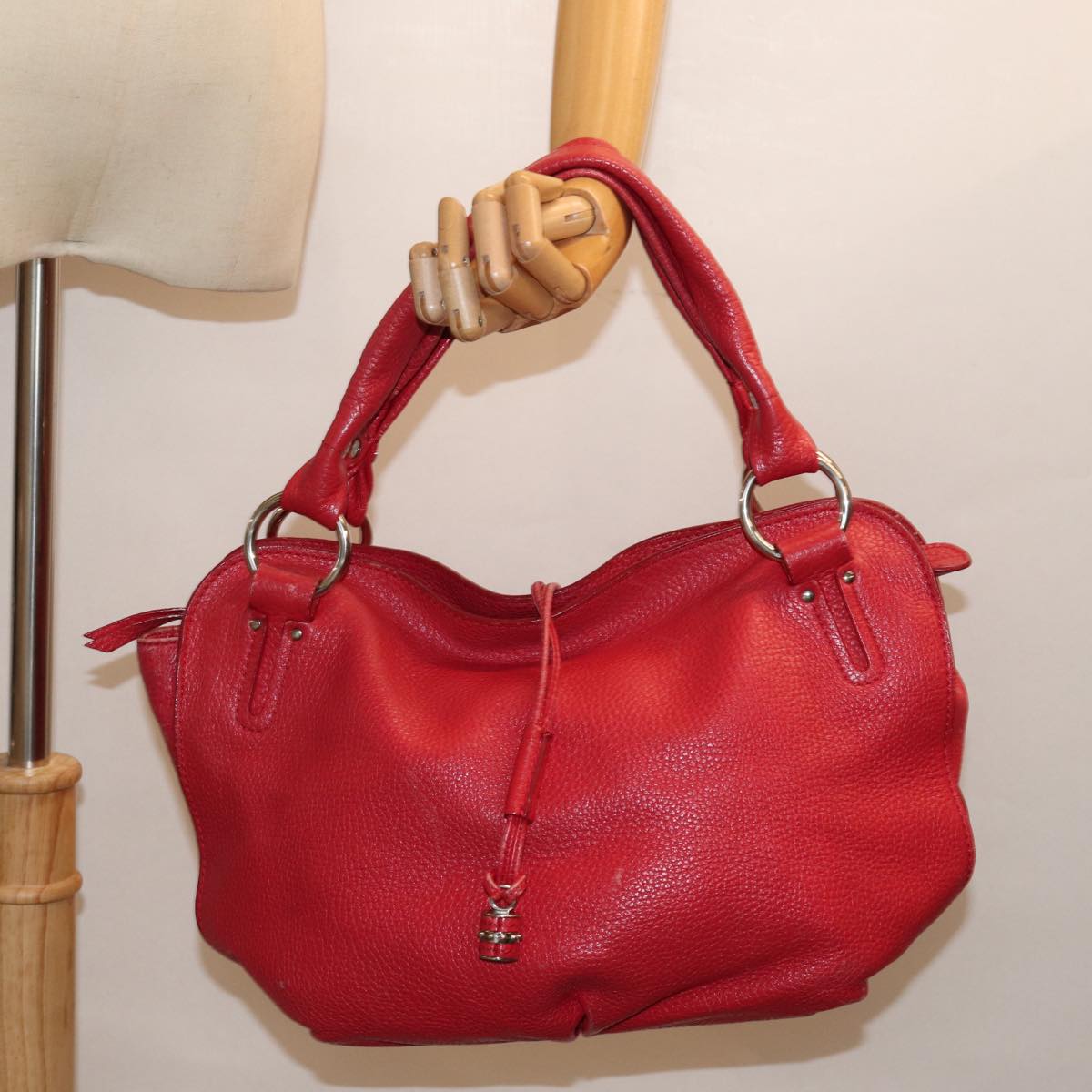 CELINE Hand Bag Leather Red Auth 77381