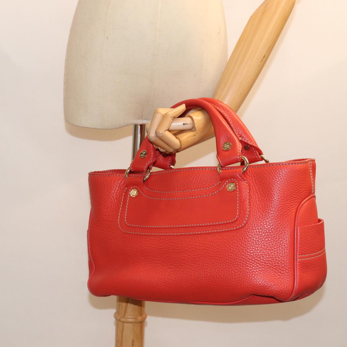 CELINE Hand Bag Leather Red Auth 77382