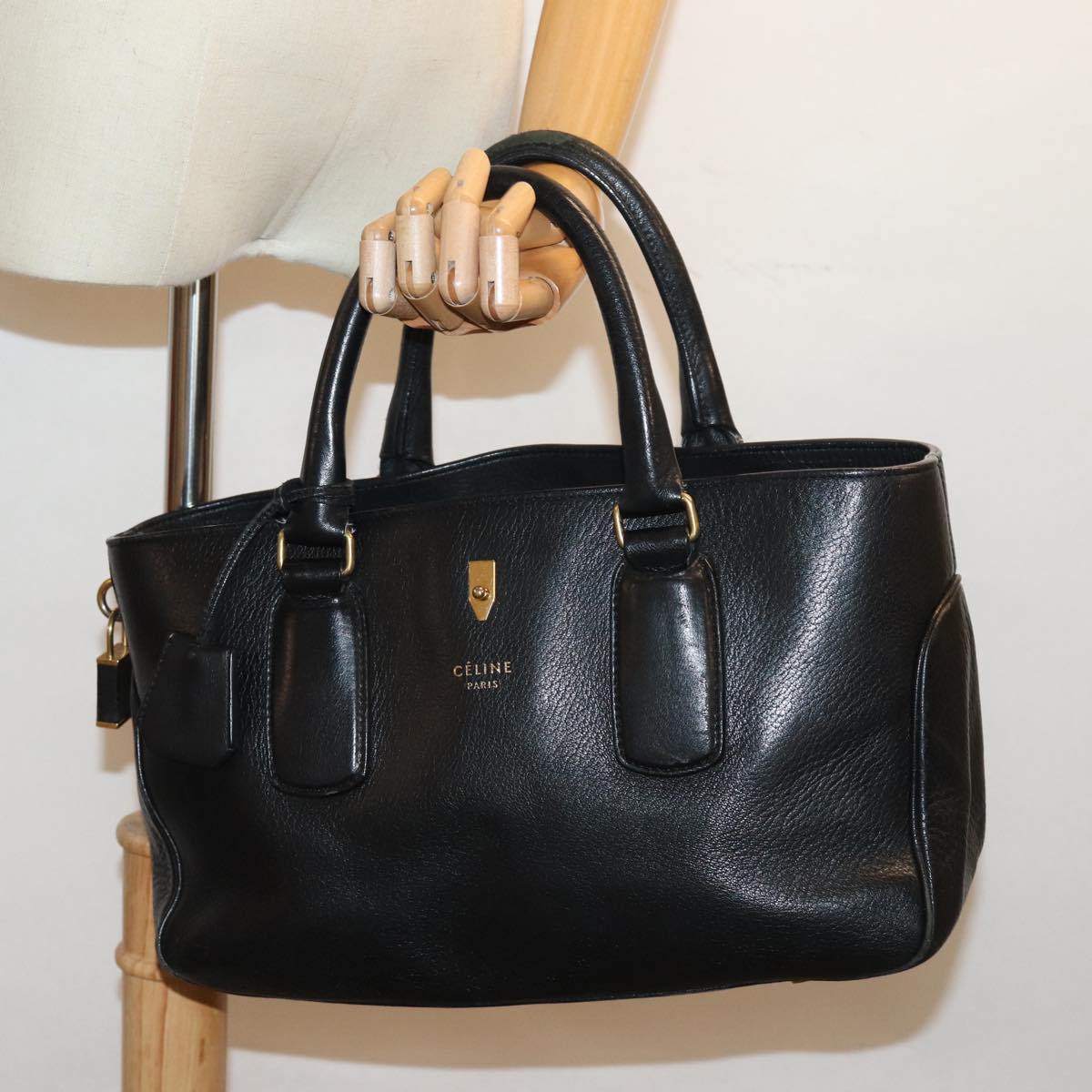 CELINE Hand Bag Leather Black Auth 77383