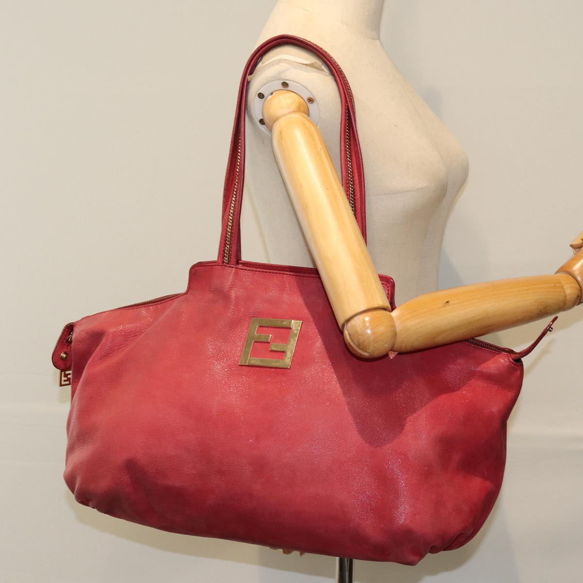 FENDI Tote Bag Leather Red Auth 77395