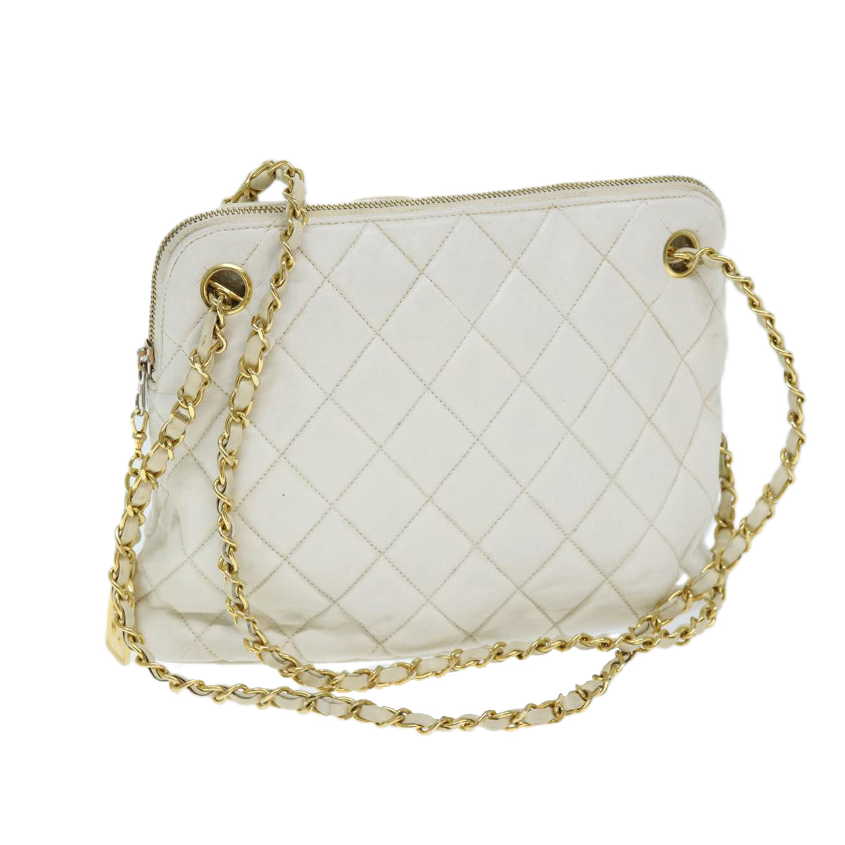 CHANEL Matelasse Chain Shoulder Bag Leather White CC Auth 77469