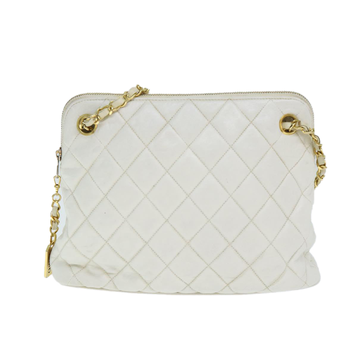 CHANEL Matelasse Chain Shoulder Bag Leather White CC Auth 77469