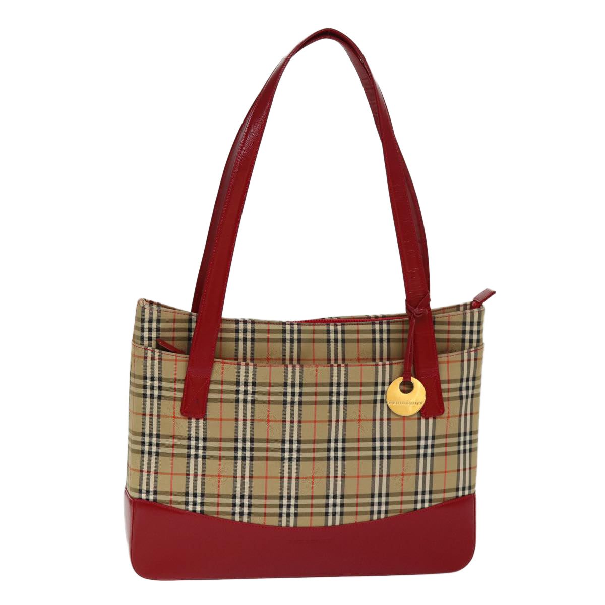 BURBERRY Nova Check Tote Bag Canvas Leather Beige Red Auth 77506