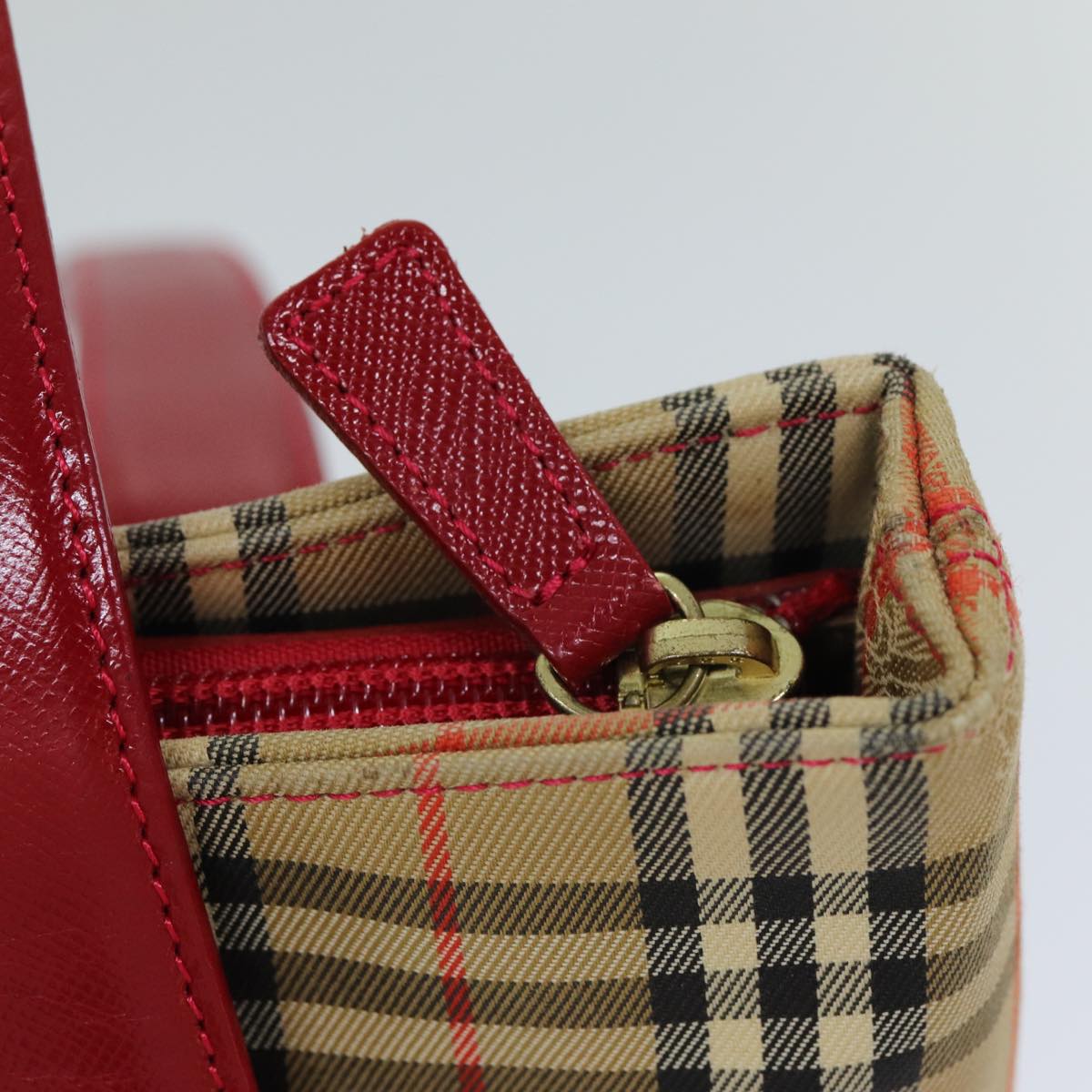 BURBERRY Nova Check Tote Bag Canvas Leather Beige Red Auth 77506