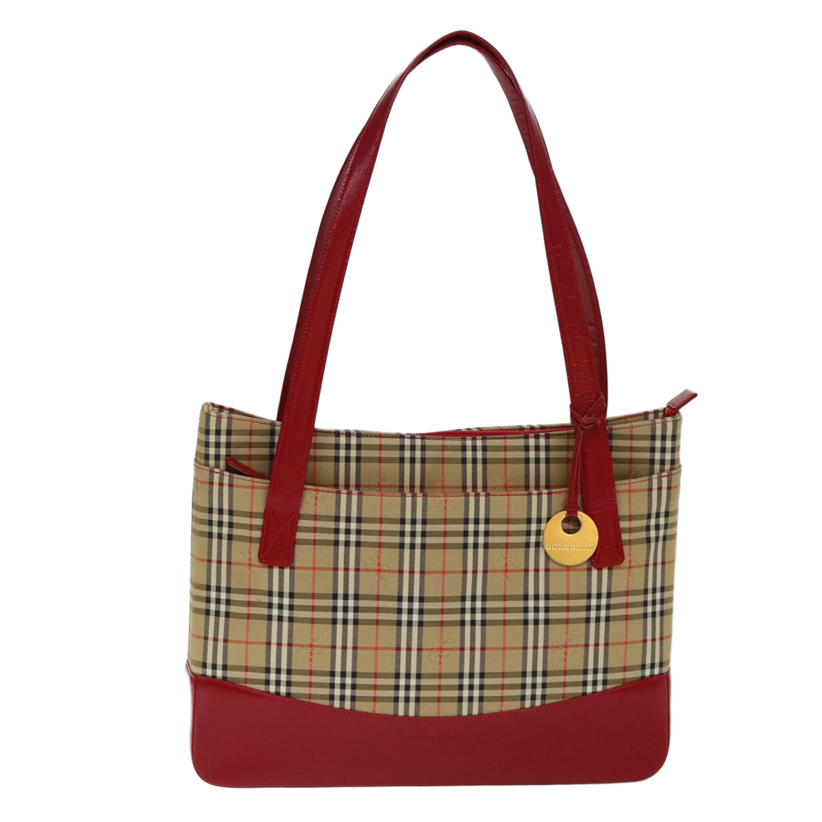 BURBERRY Nova Check Tote Bag Canvas Leather Beige Red Auth 77506