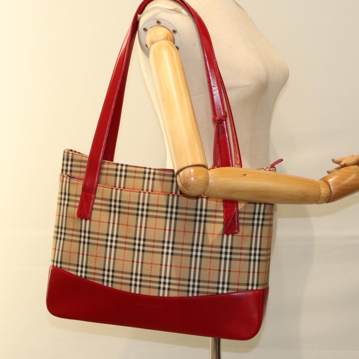 BURBERRY Nova Check Tote Bag Canvas Leather Beige Red Auth 77506