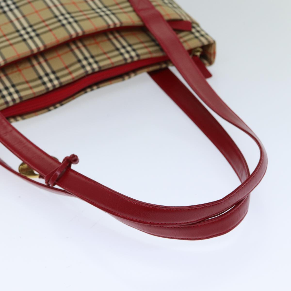 BURBERRY Nova Check Tote Bag Canvas Leather Beige Red Auth 77506