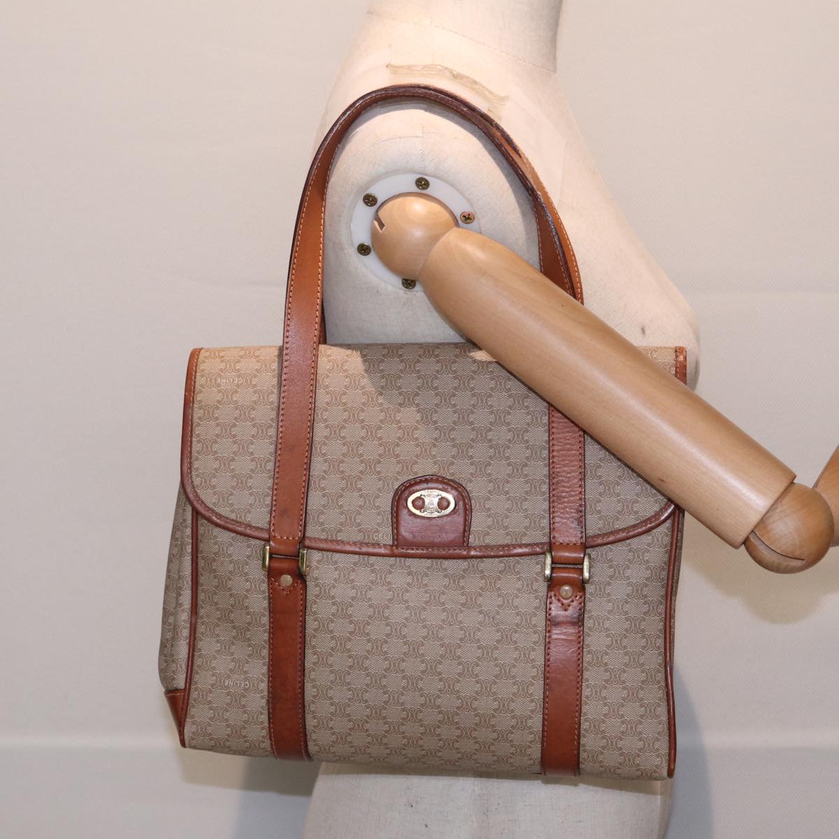 CELINE Macadam Canvas Shoulder Bag Beige Gold Auth 77623