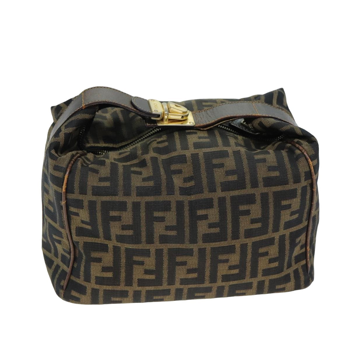 FENDI Zucca Canvas Vanity Pouch Brown Black Auth 77628