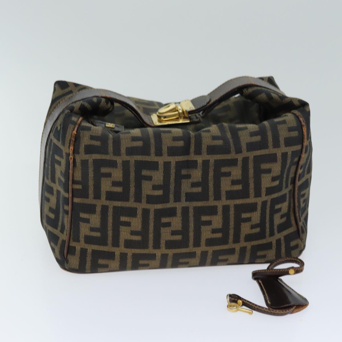 FENDI Zucca Canvas Vanity Pouch Brown Black Auth 77628