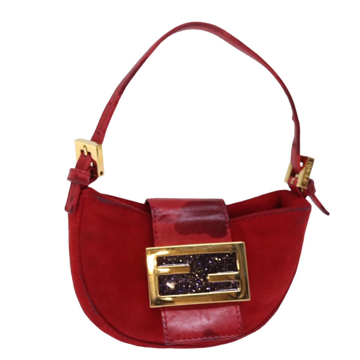 FENDI Mini Croissant Hand Bag Suede Red Auth 77631