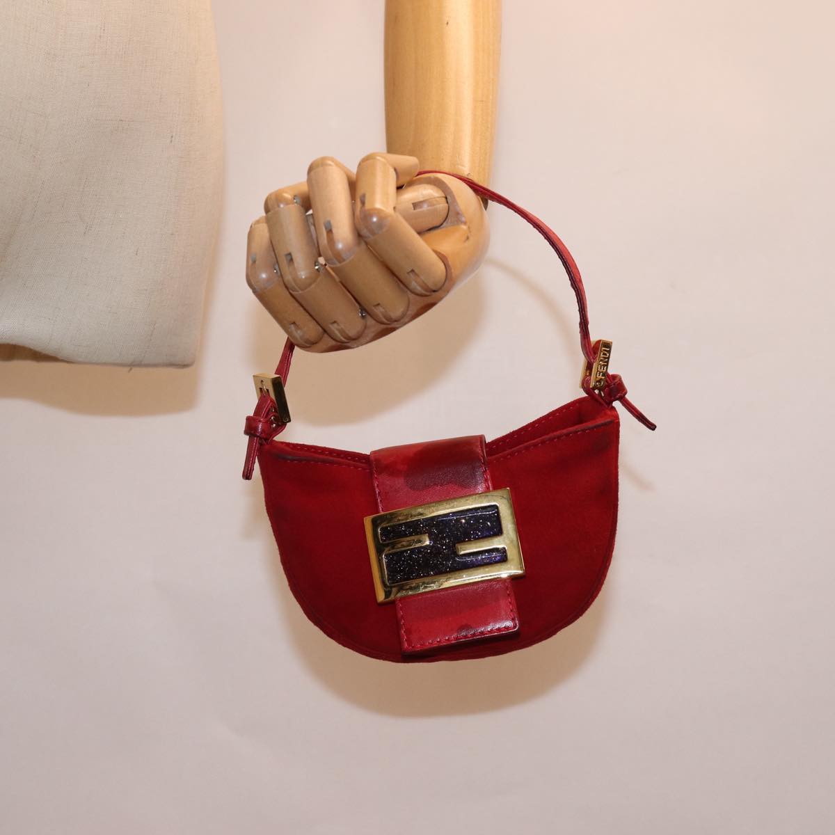 FENDI Mini Croissant Hand Bag Suede Red Auth 77631