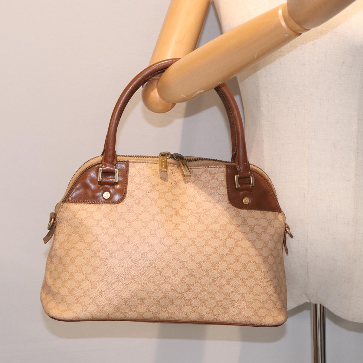 CELINE Macadam Canvas Hand Bag PVC Leather Beige Auth 77645