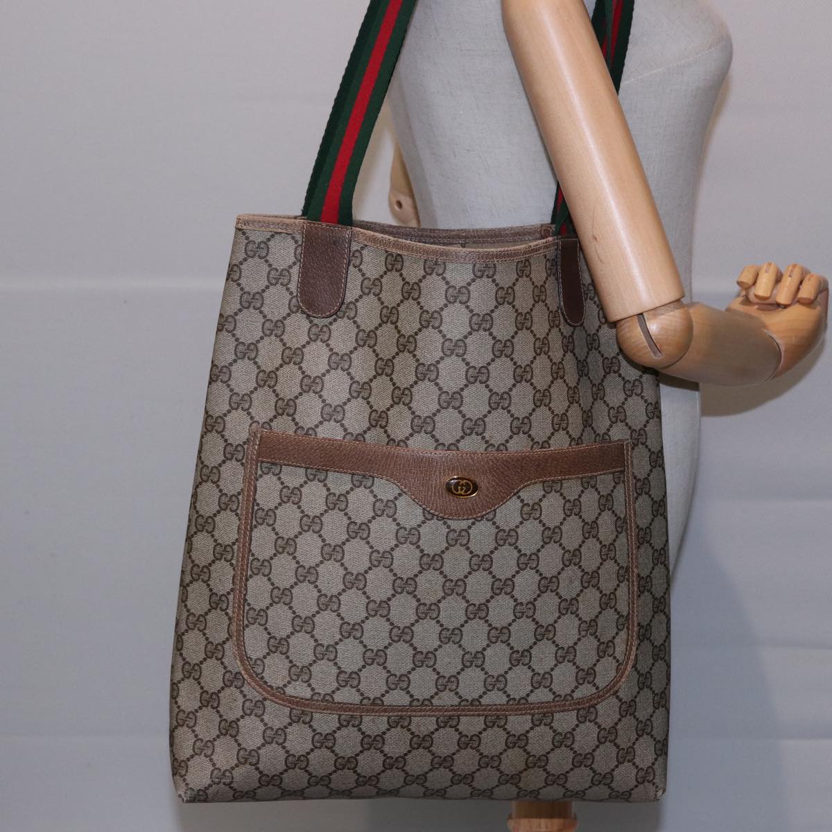 GUCCI GG Supreme Web Sherry Line Tote Bag PVC Beige Red 39 02 003 Auth 77664