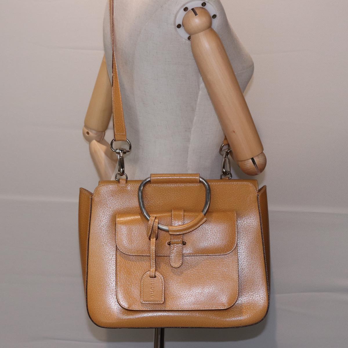 GUCCI Hand Bag Leather 2way Beige Auth 77667