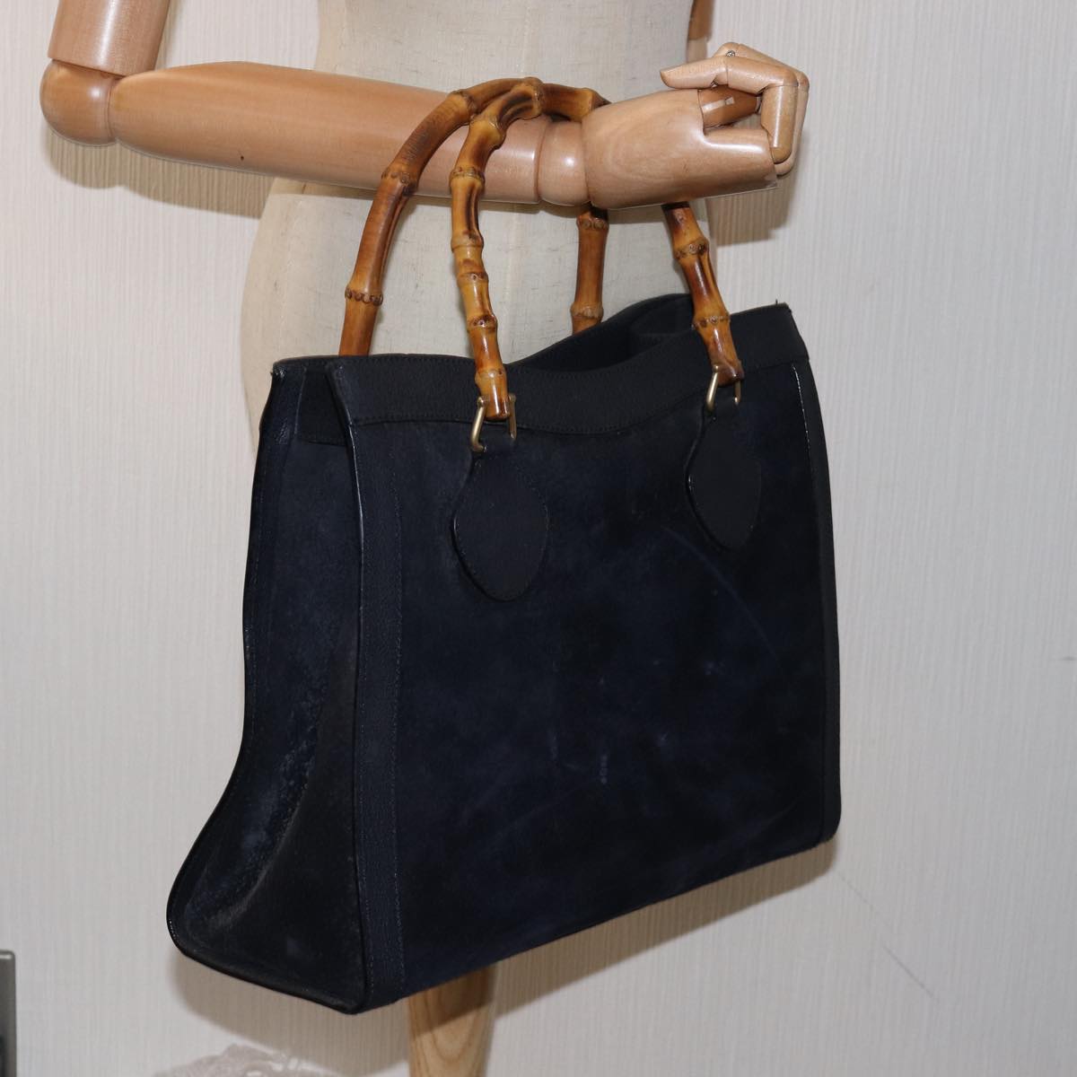 GUCCI Bamboo Hand Bag Suede Navy Auth 77669