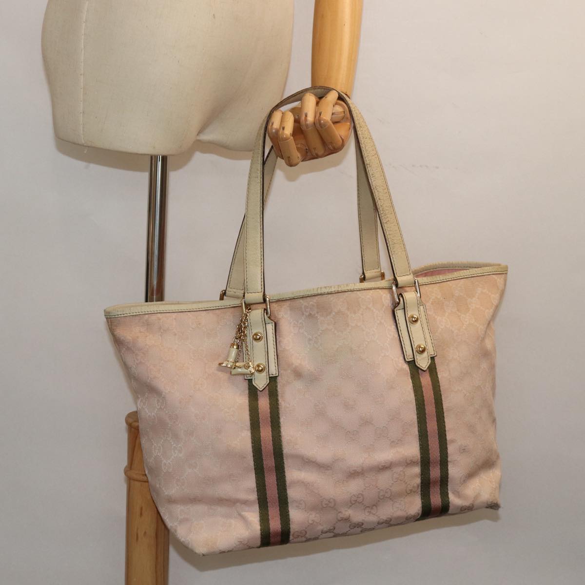 GUCCI GG Canvas Sherry Line Tote Bag Khaki Pink 139260 Auth 77690