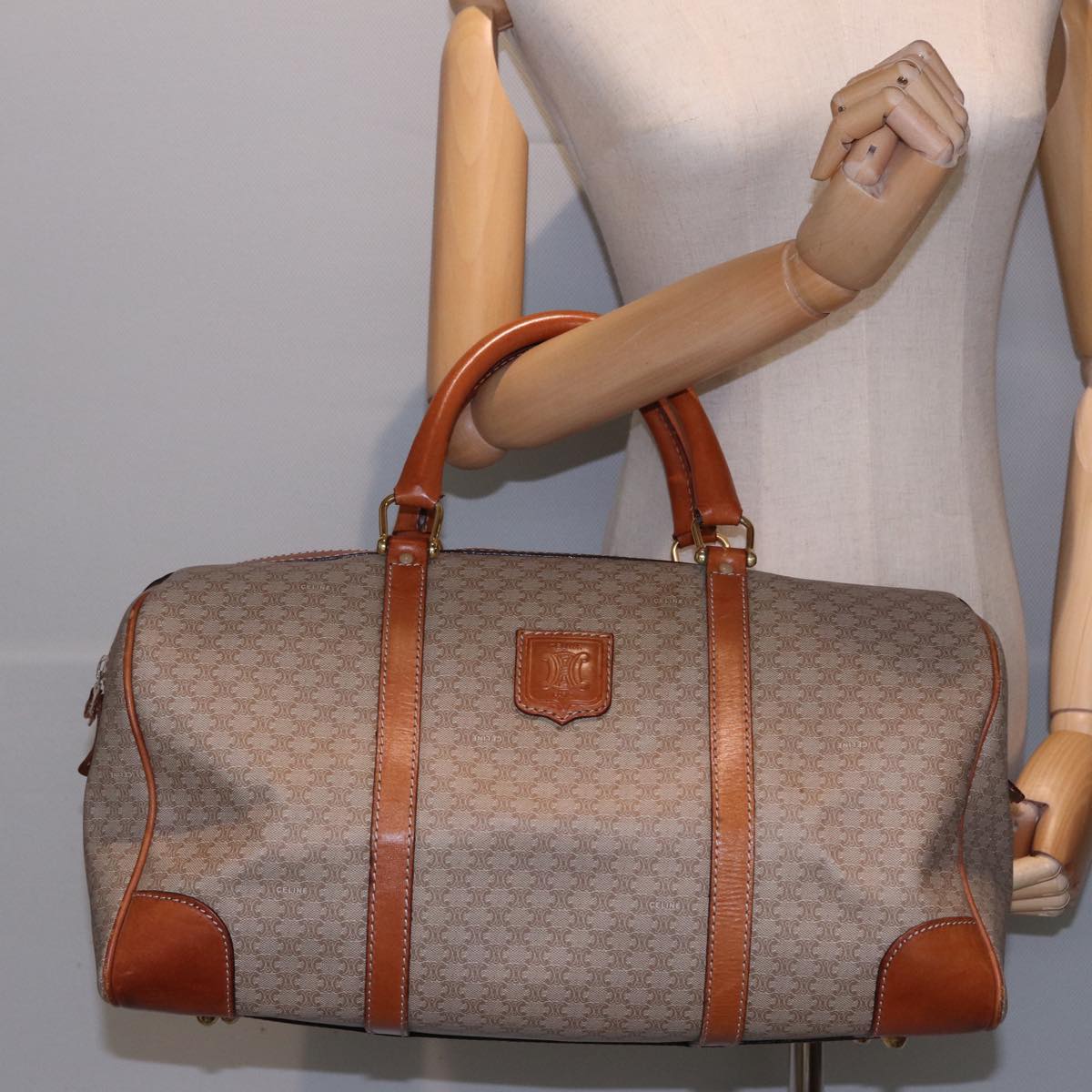 CELINE Macadam Canvas Boston Bag Beige Auth 77712