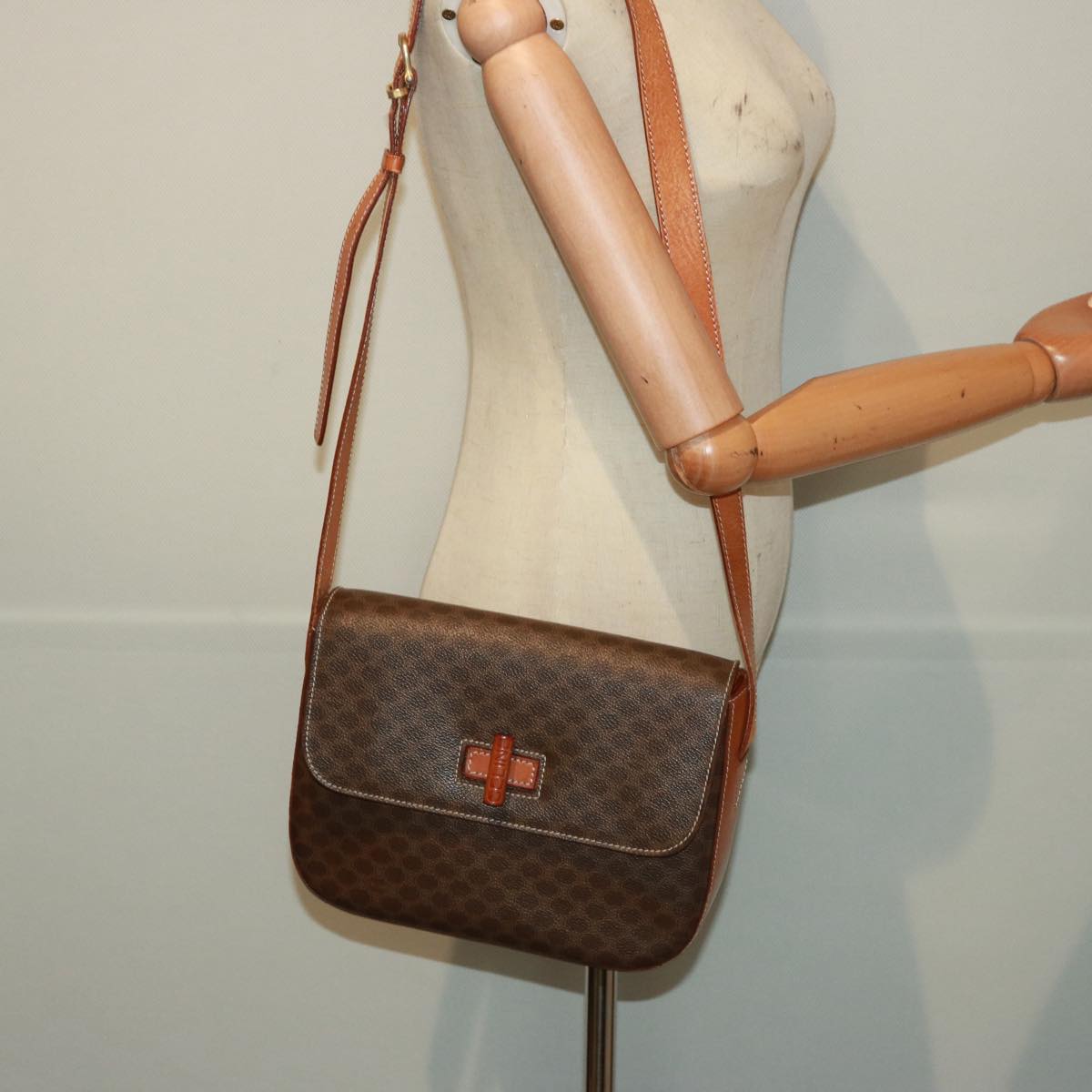 CELINE Macadam Canvas Shoulder Bag PVC Leather Brown Auth 77717