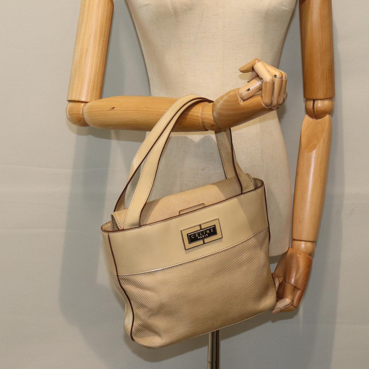 CELINE Hand Bag Canvas Beige Auth 77718