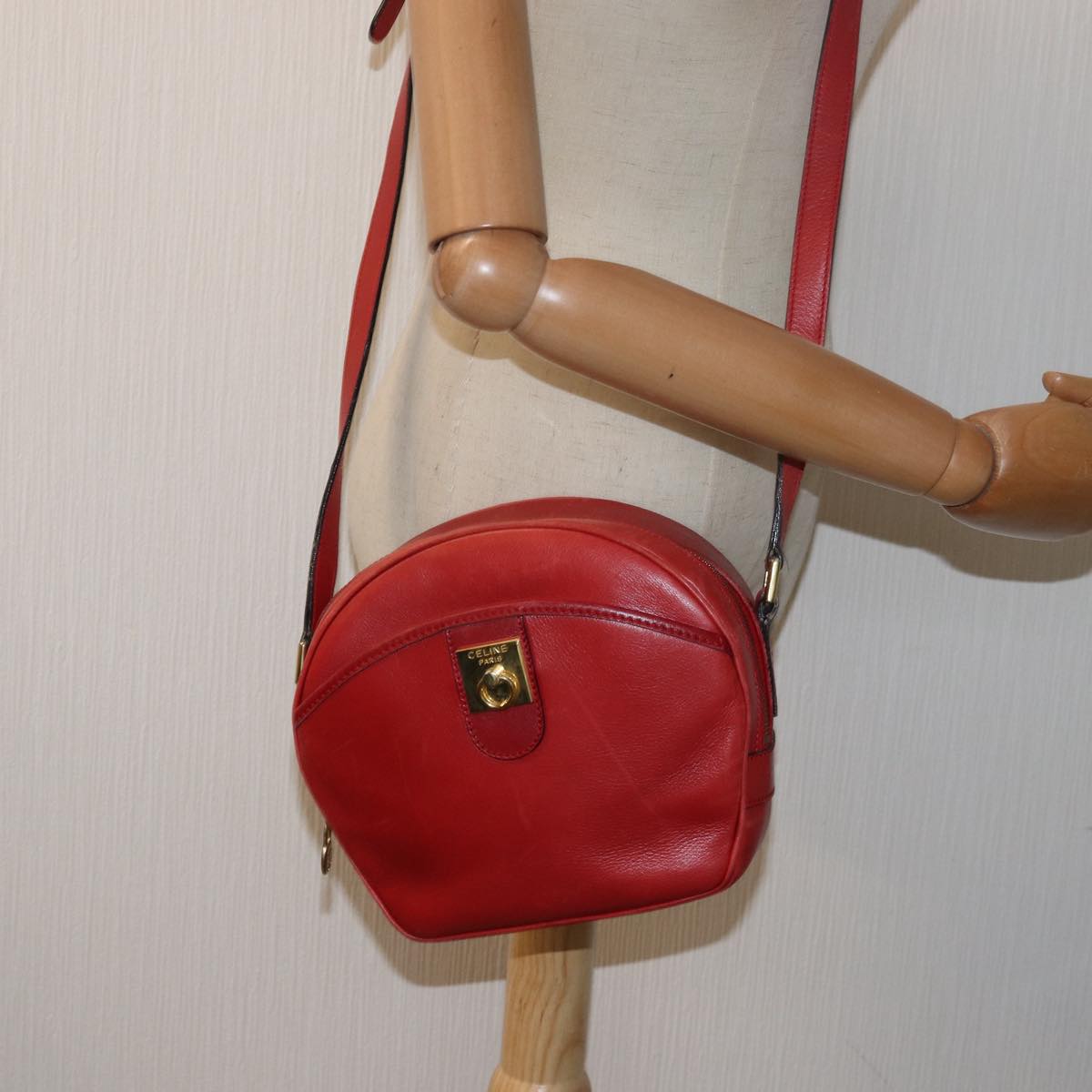 CELINE Shoulder Bag Leather Red Auth 77720