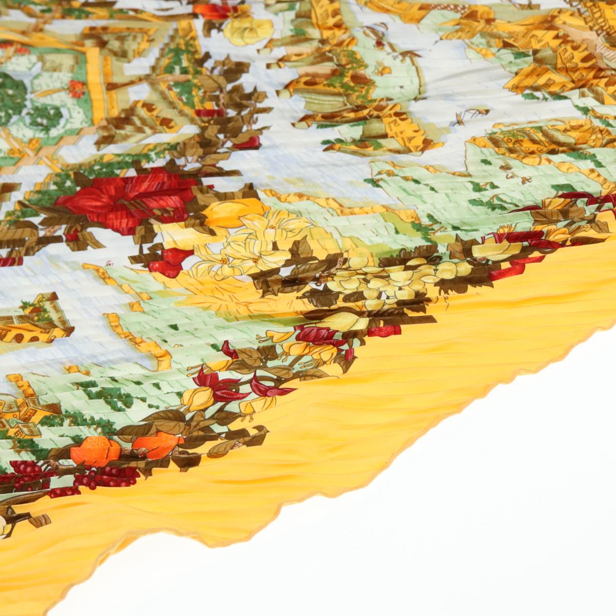 HERMES Carre Pleated Scarf ""Au Pays de Cocagne"" Silk Yellow Auth 77751