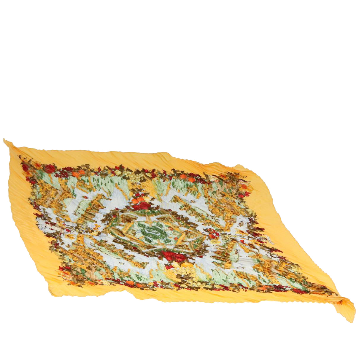 HERMES Carre Pleated Scarf ""Au Pays de Cocagne"" Silk Yellow Auth 77751 - 0