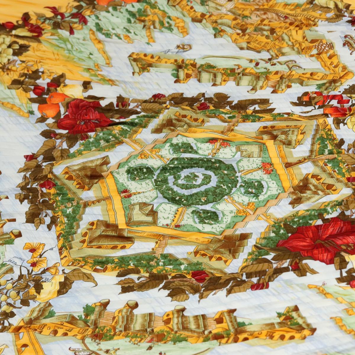 HERMES Carre Pleated Scarf ""Au Pays de Cocagne"" Silk Yellow Auth 77751