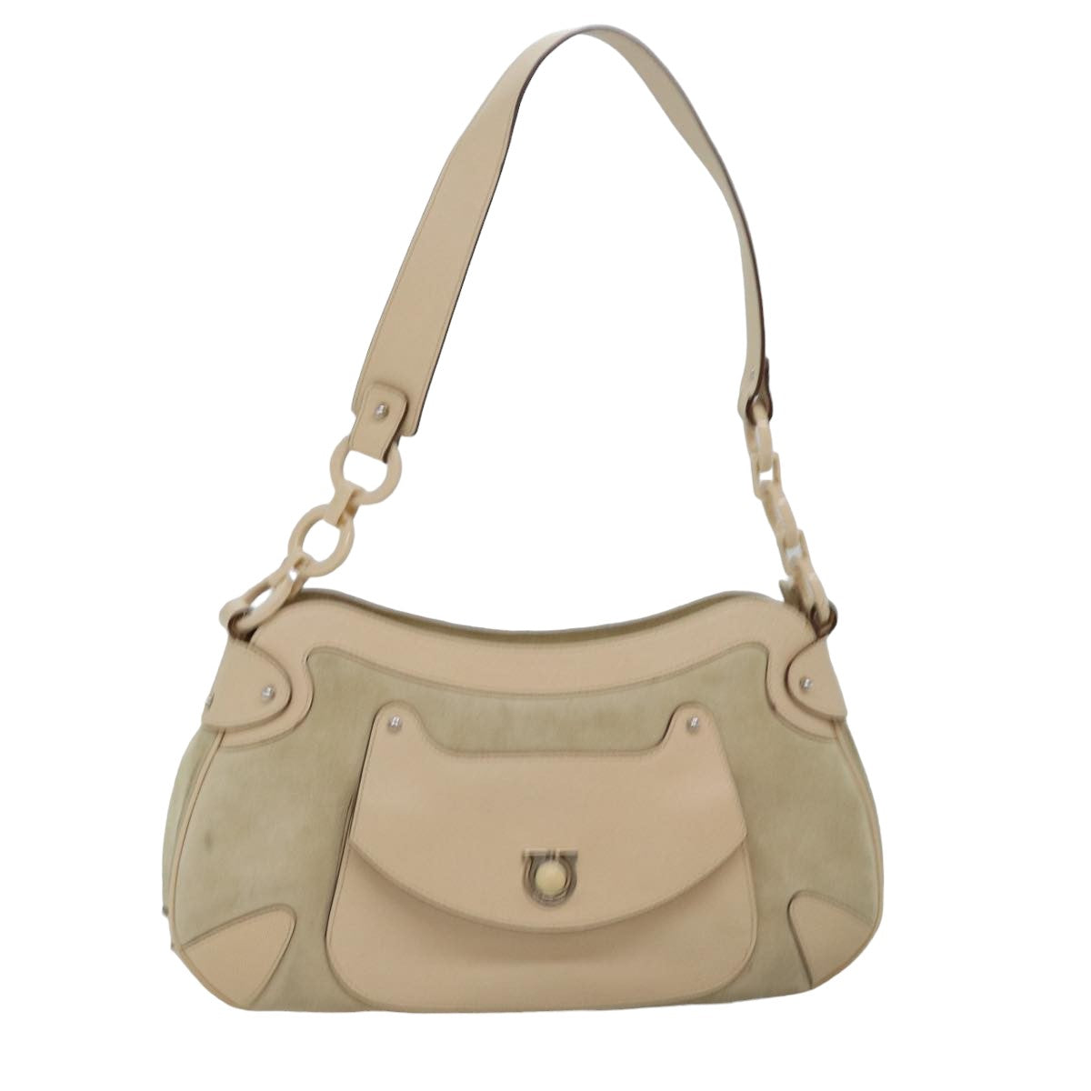 Salvatore Ferragamo Gancini Shoulder Bag Suede Leather Beige Auth 77770