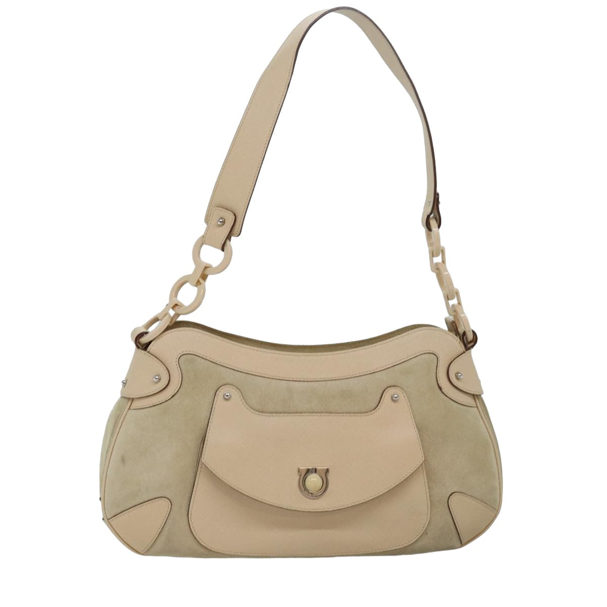 Salvatore Ferragamo Gancini Shoulder Bag Suede Leather Beige Auth 77770