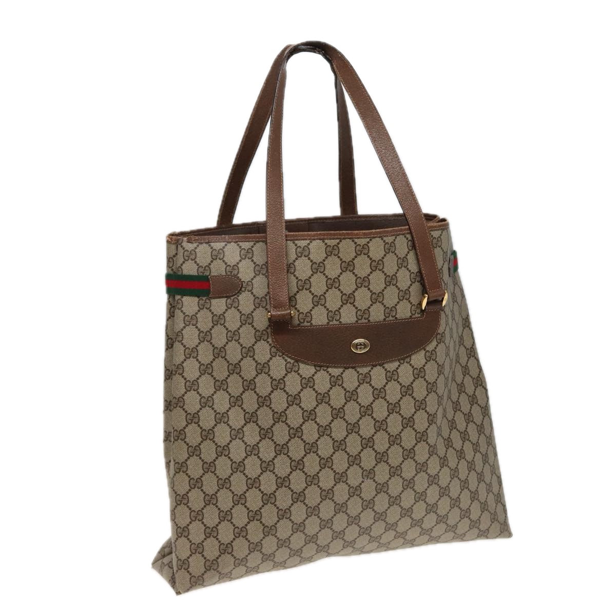 GUCCI GG Supreme Web Sherry Line Tote Bag PVC Beige Red 39 02 091 Auth 77790