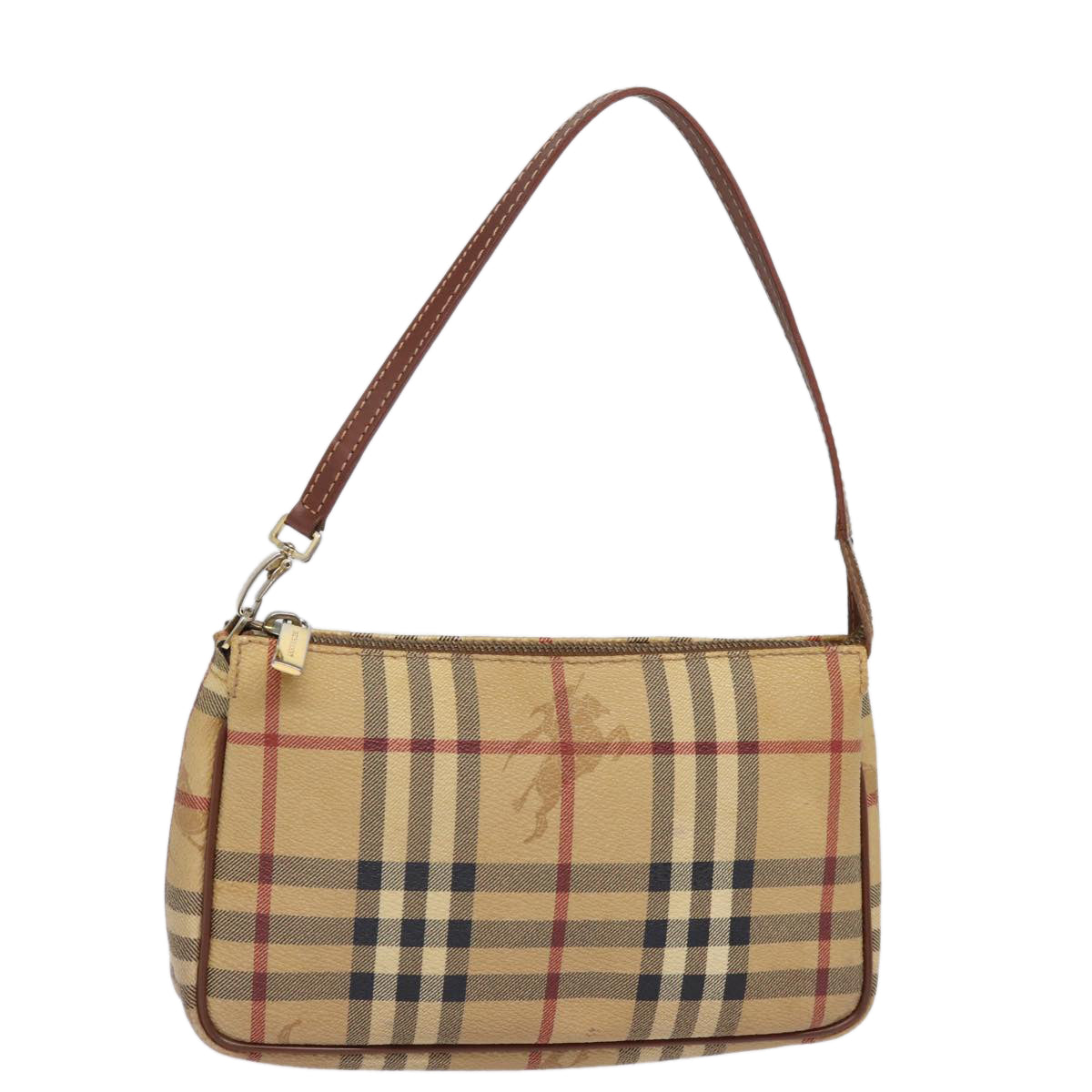 BURBERRY Nova Check Pouch PVC Leather Beige Auth 77801