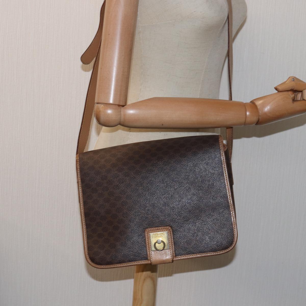 CELINE Macadam Canvas Shoulder Bag PVC Leather Brown Auth 77811