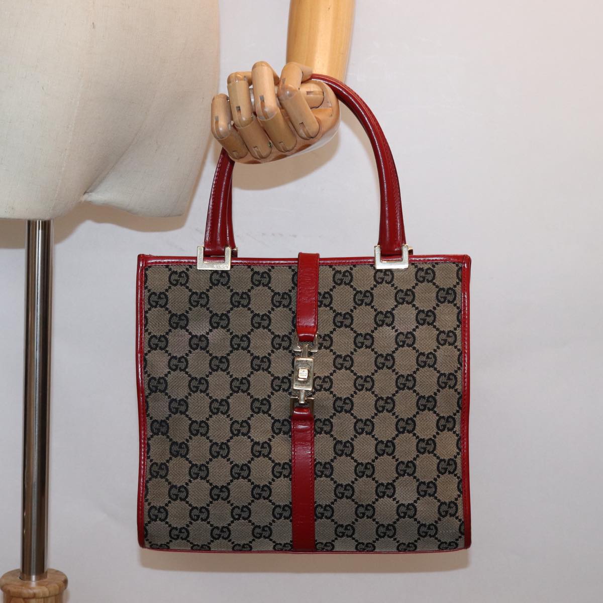 GUCCI GG Canvas Jackie Hand Bag Red Beige 002 1065 3444 Auth 77824