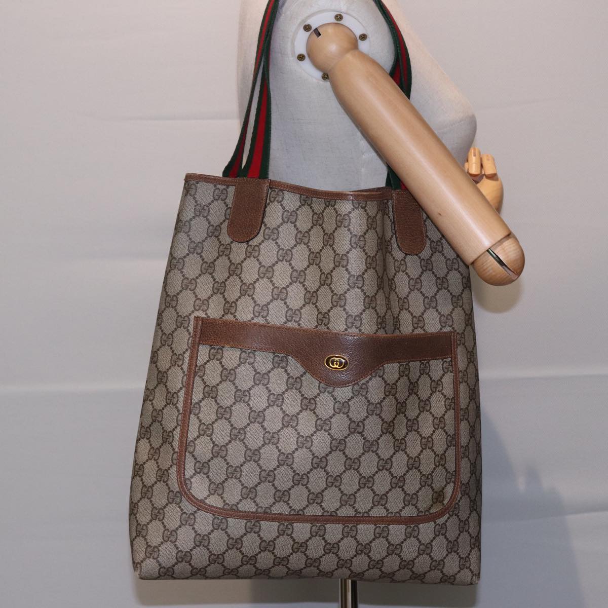 GUCCI GG Supreme Web Sherry Line Tote Bag PVC Beige Red 378 02 003 Auth 77830