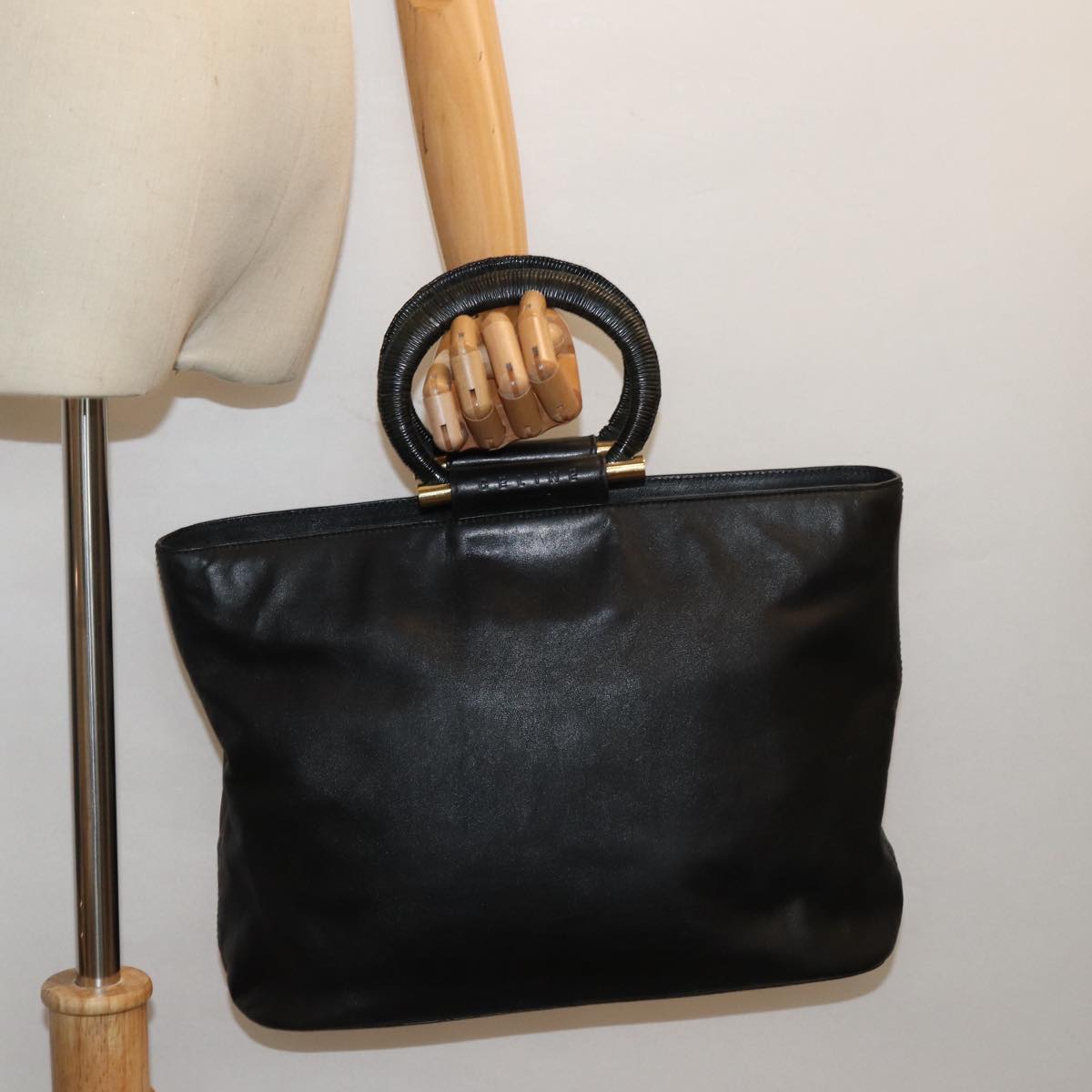 CELINE Hand Bag Leather Black Auth 77841