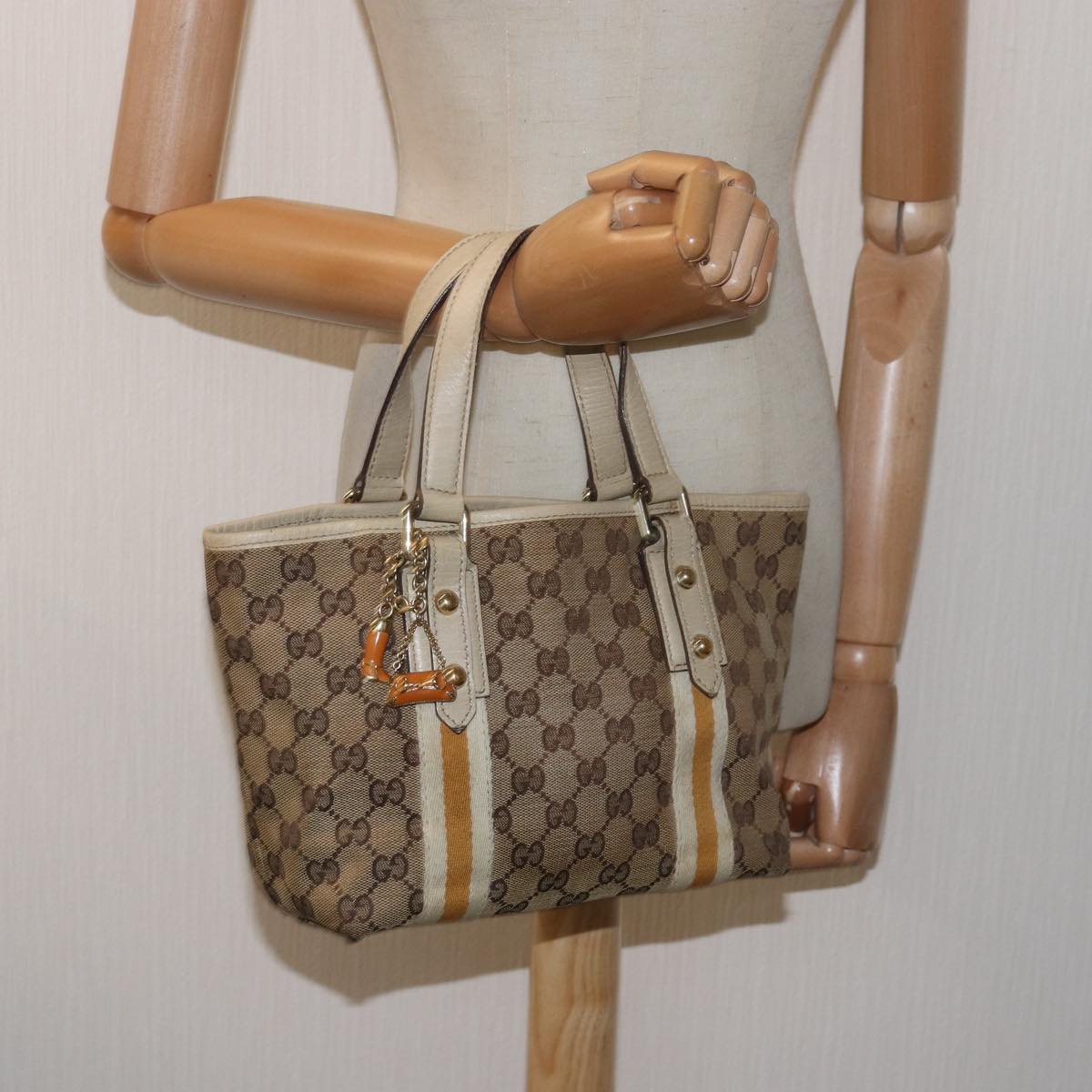 GUCCI GG Canvas Sherry Line Hand Bag Beige White 139261 Auth 78091