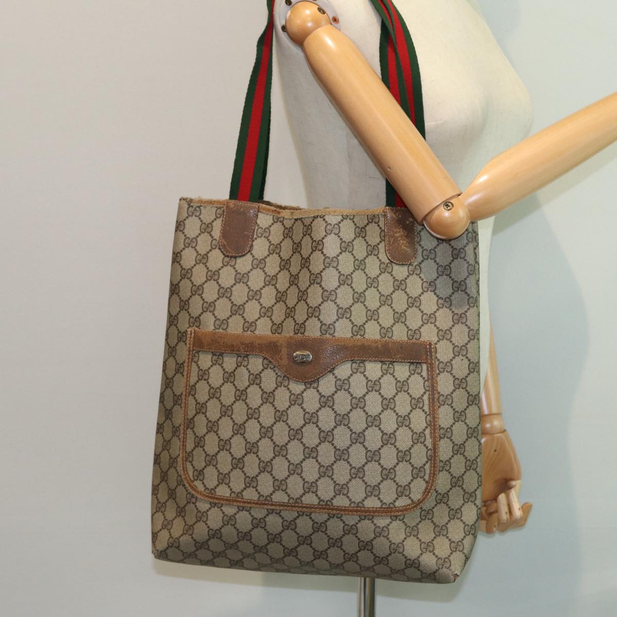 GUCCI GG Supreme Web Sherry Line Tote Bag PVC Beige Red 39 02 003 Auth 78095