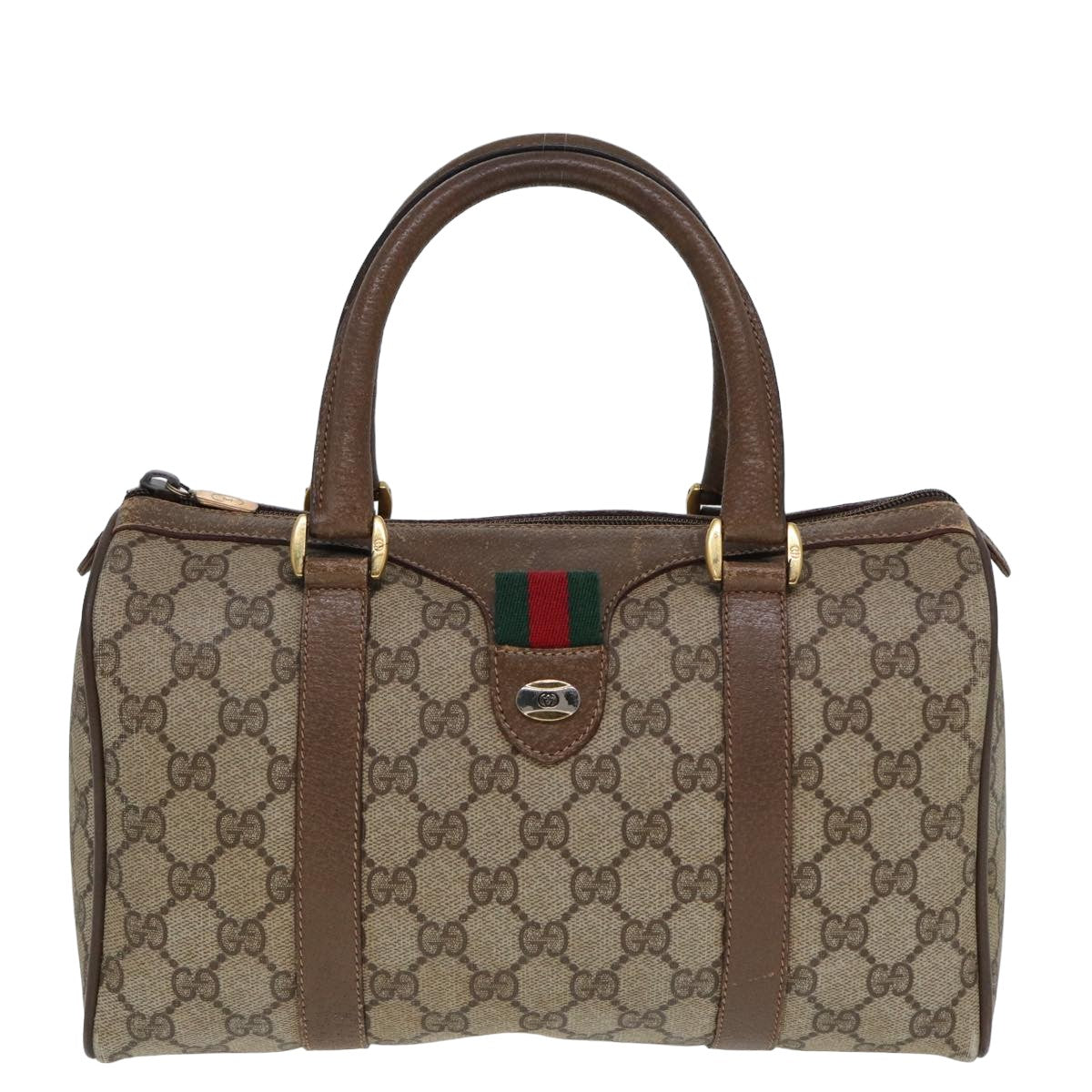 GUCCI GG Supreme Web Sherry Line Boston Bag PVC Leather Beige Auth 78100