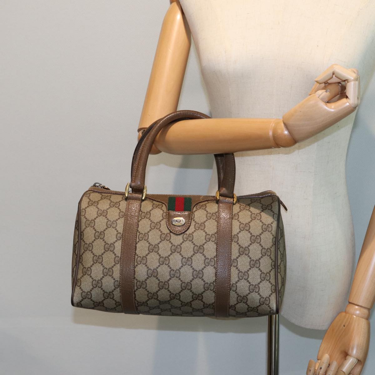 GUCCI GG Supreme Web Sherry Line Boston Bag PVC Leather Beige Auth 78100