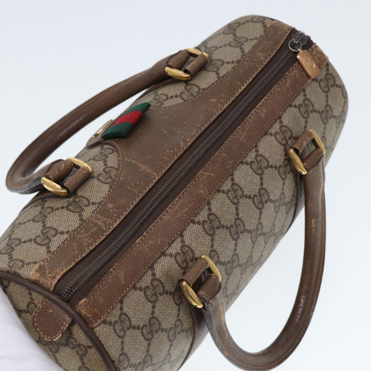 GUCCI GG Supreme Web Sherry Line Boston Bag PVC Leather Beige Auth 78100