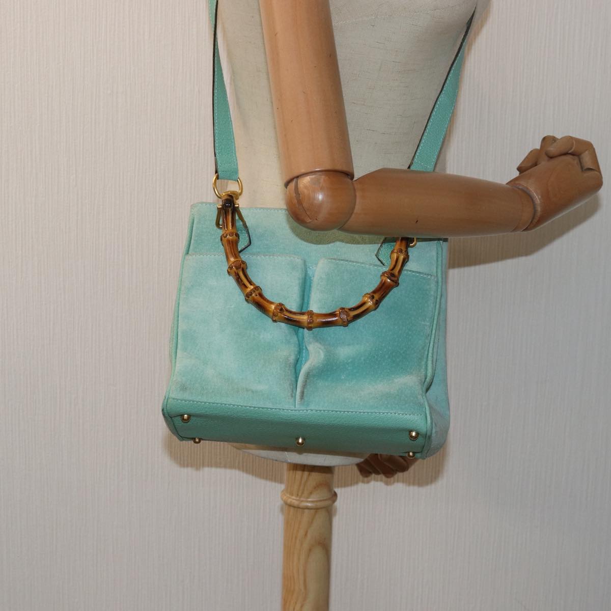 GUCCI Bamboo Hand Bag Suede 2way Light Blue 000 122 0316 Auth 78217