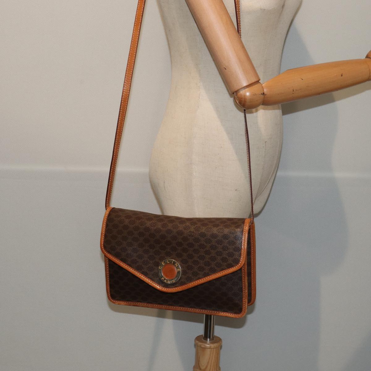 CELINE Macadam Canvas Shoulder Bag PVC Leather Brown Auth 78220